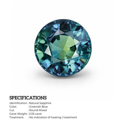 A 2.05 carat round brilliant-cut natural sapphire gemstone with full certifcation
