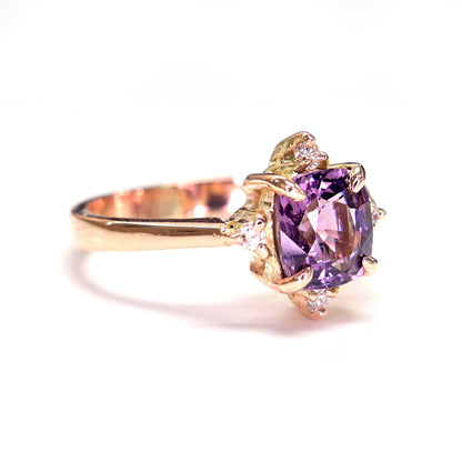 Handmade spinel ring with diamonds in 14k rose gold