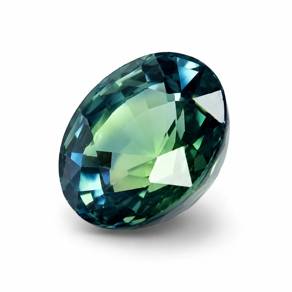 Side view of round unheated teal sapphire for bespoke engagement ring