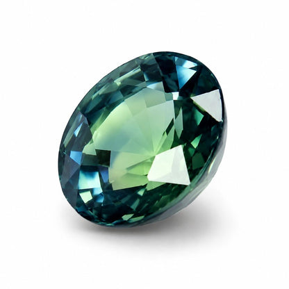 Side view of round unheated teal sapphire for bespoke engagement ring