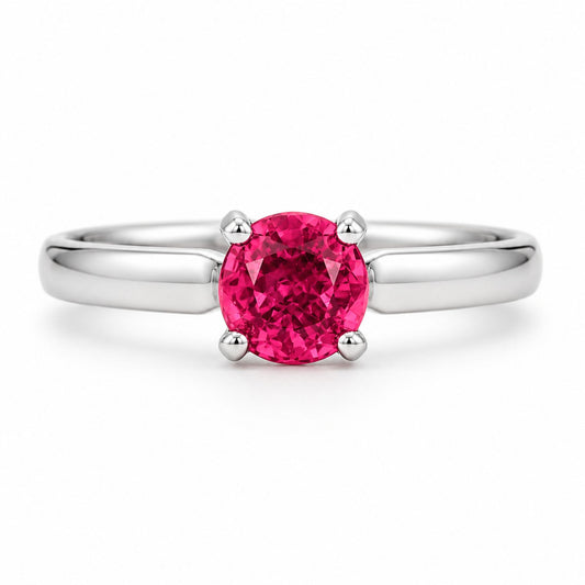 Round ruby ring set in 18K white gold with four-prong setting
