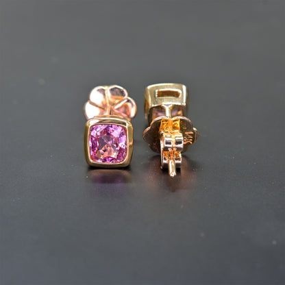 Shiraz Jewelry 14k yellow gold earrings featuring vibrant pink spinel stones