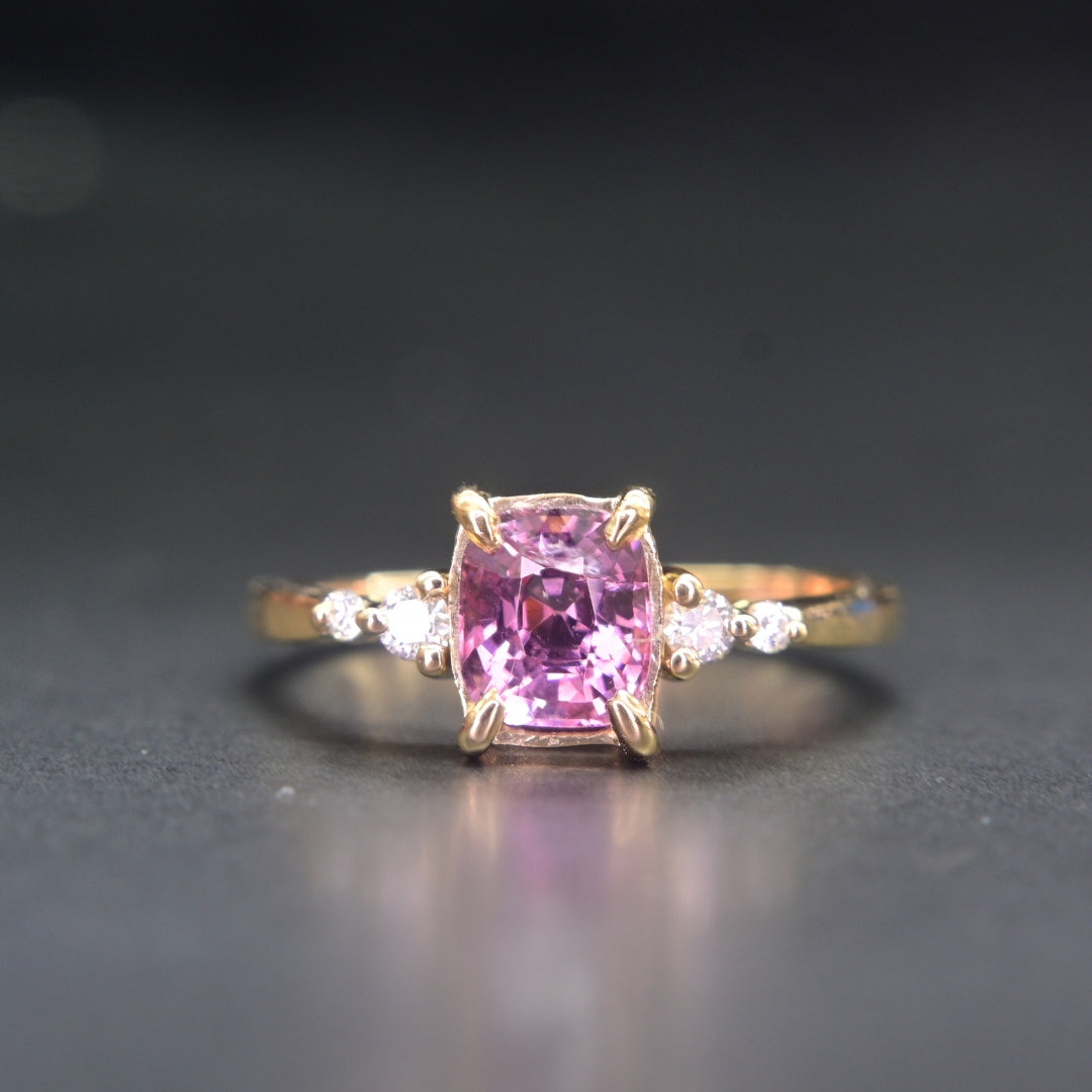 Pink Spinel Cushion Cut Diamond Ring 14K Yellow Gold