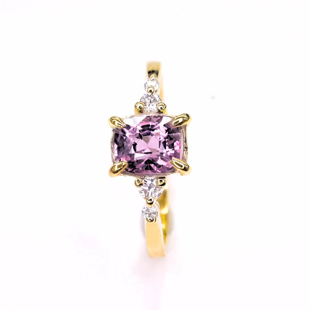 Cushion Cut Pink Spinel Solitaire Ring Close-up Macro Shot