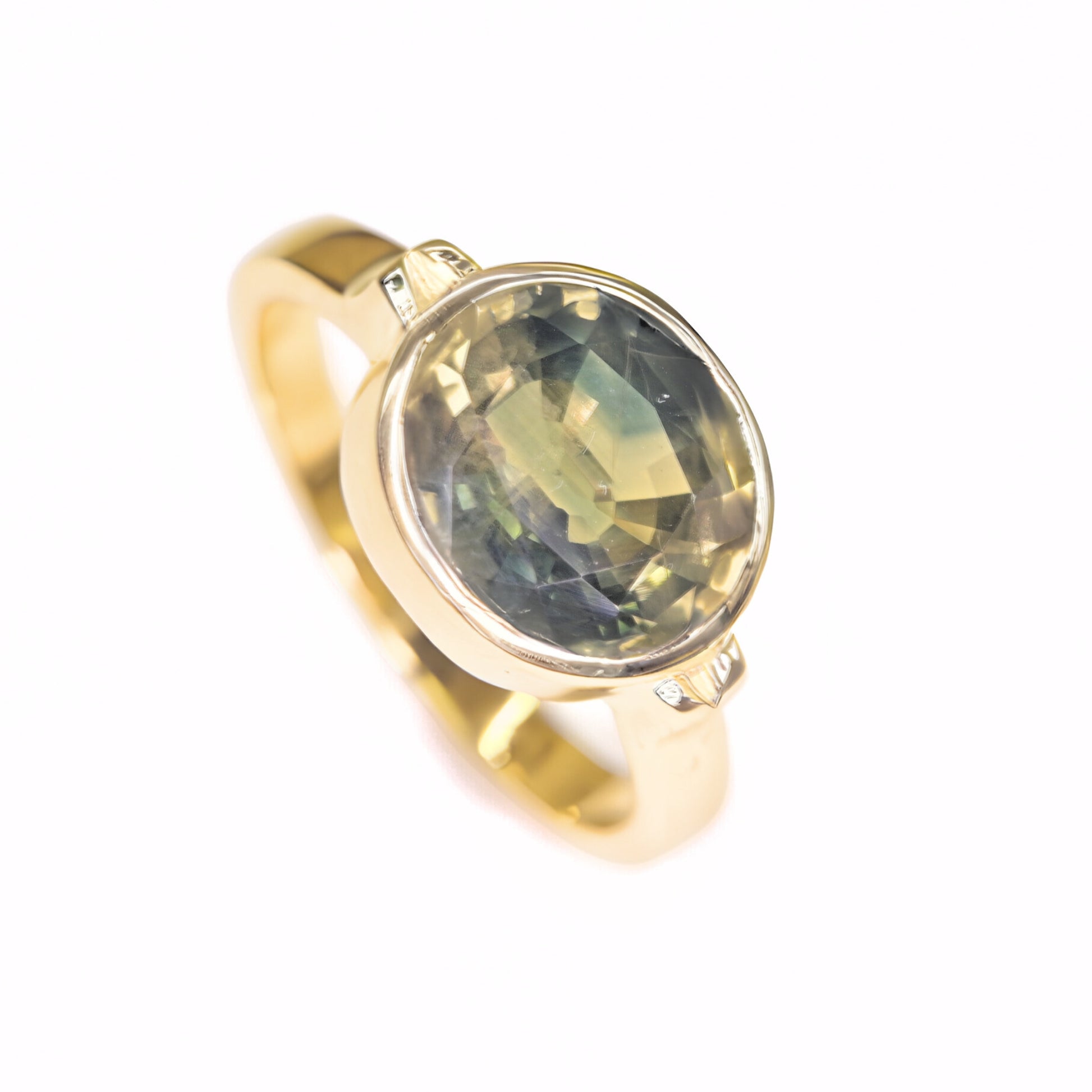 Round green sapphire bezel set ring handcrafted in solid 14K gold