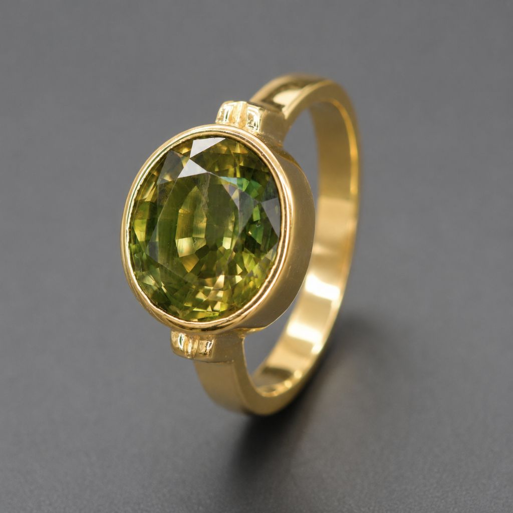 Collector-quality 3.70 ct natural green sapphire ring in solid 14K yellow gold with a classic bezel setting and oval cut gemstone.