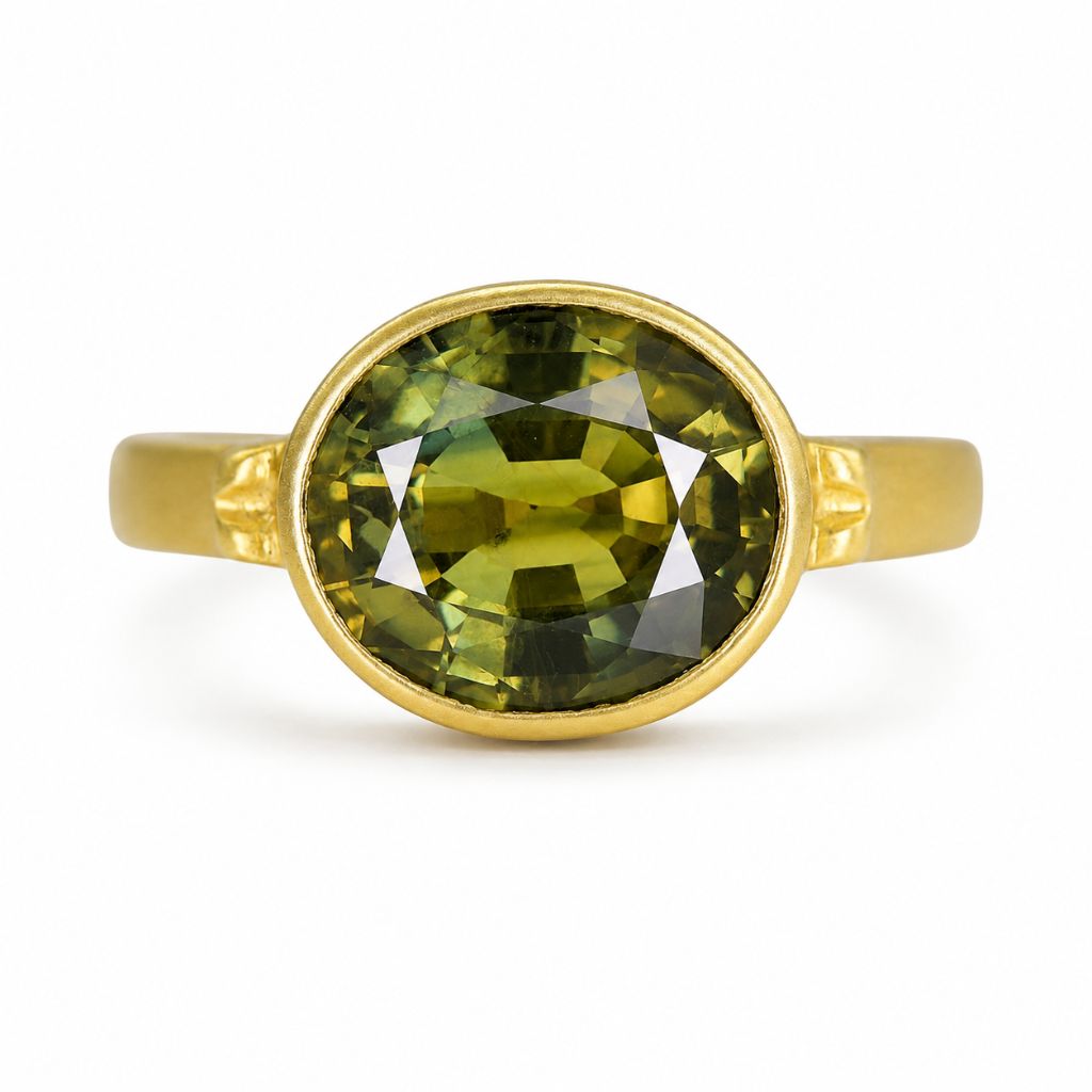 Natural Thai green sapphire ring featuring a 3.70 carat oval sapphire in a handcrafted 14K yellow gold bezel setting.
