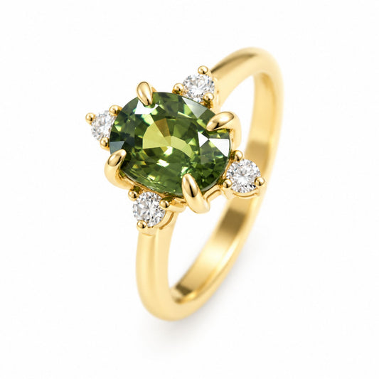 The Sofia green sapphire engagement ring in yellow gold with diamond accents, handmade in Thailand