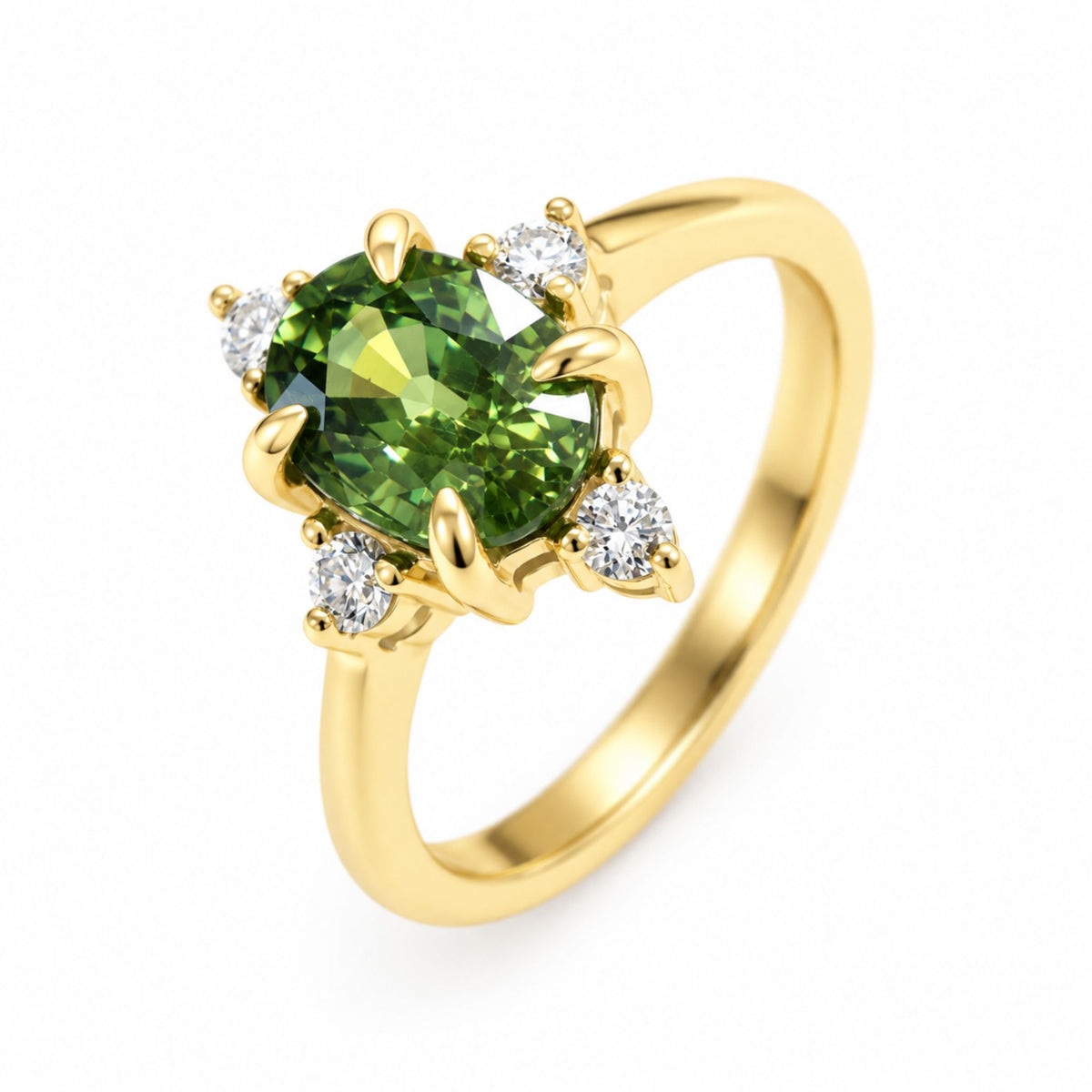 The Sofia green sapphire engagement ring featuring a faceted green sapphire and four natural diamond accents