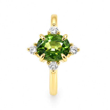 Green sapphire and diamond engagement ring in yellow gold, The Sofia design from Thailand