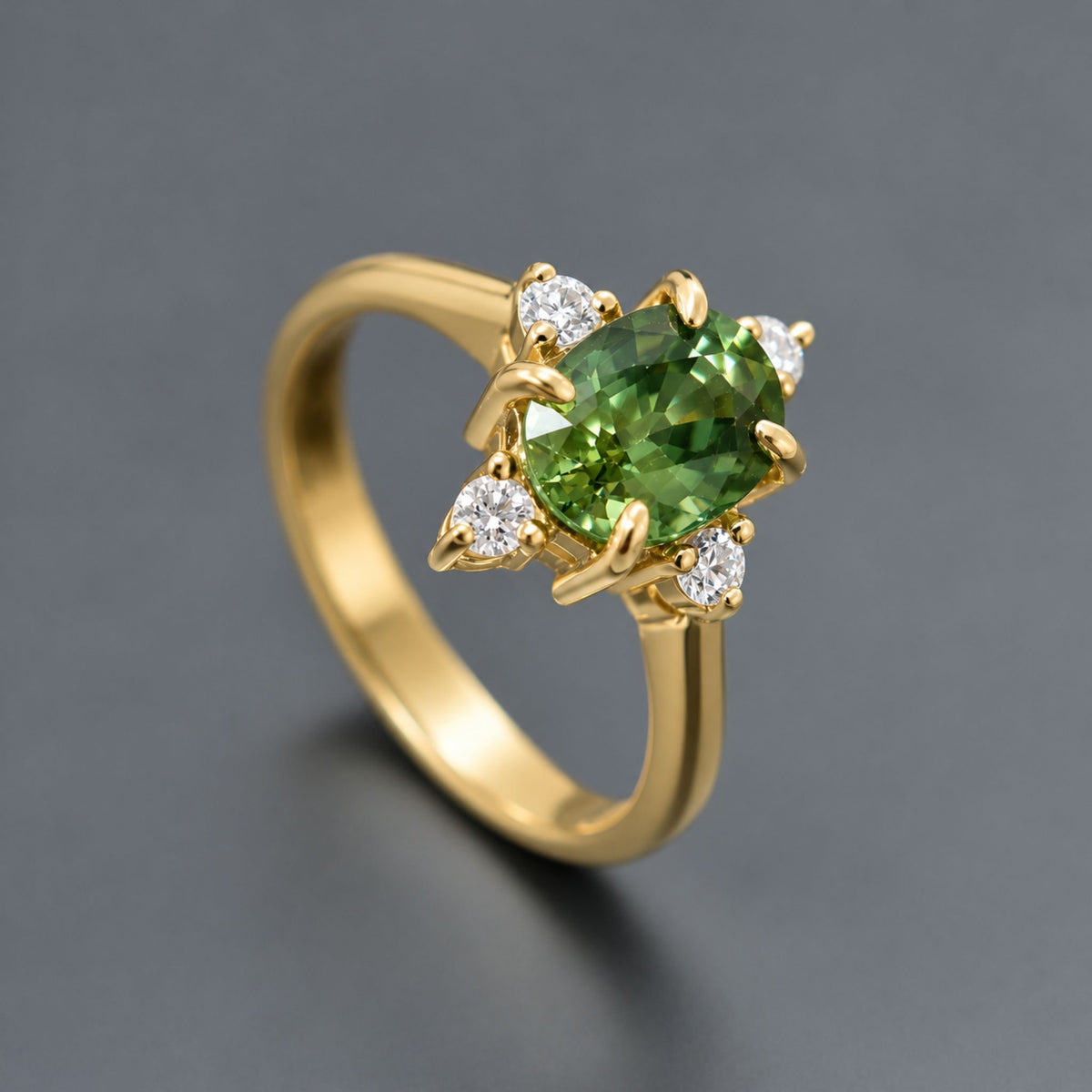 The Sofia green sapphire ring in yellow gold, a handcrafted gemstone engagement ring from Chiang Mai Thailand