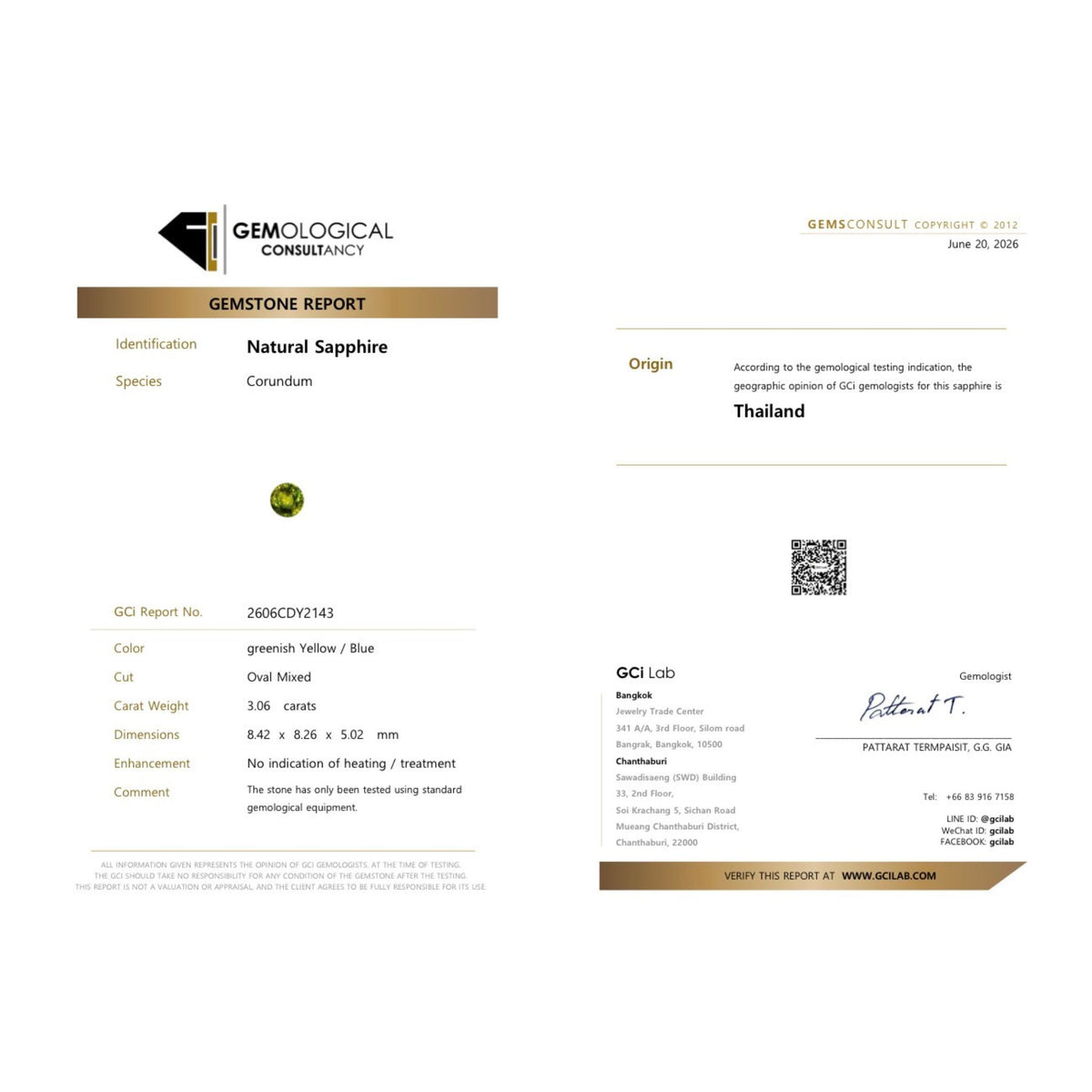 3.06 carat natural unheated green sapphire with full certificate