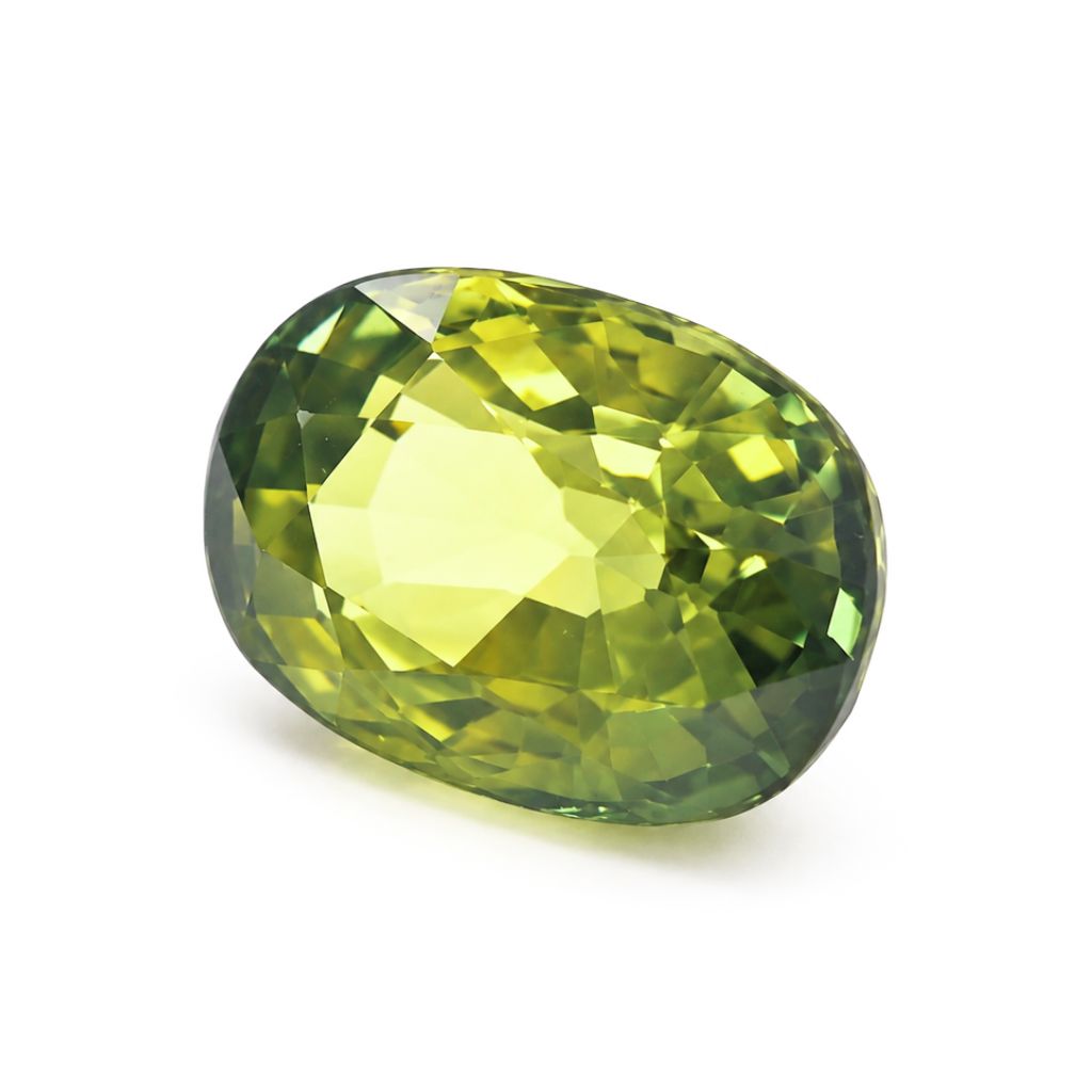Close-up of a 1.19 carat untreated oval green sapphire from Thailand displaying excellent clarity and brilliance.