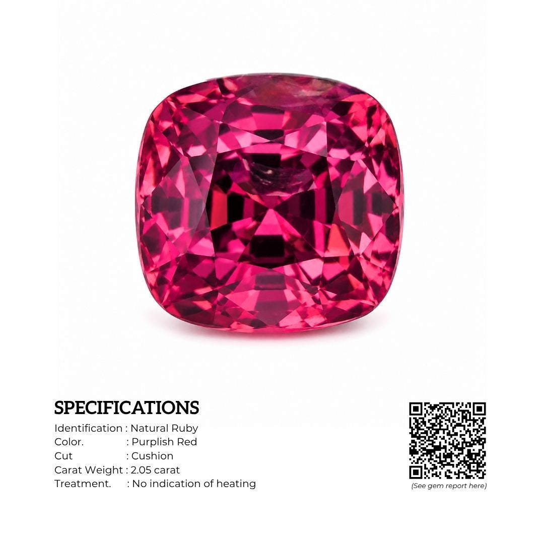 Natural unheated 2.05 ct Mozambique ruby featuring a cushion cut, excellent brilliance, and rich red appearance with certificate