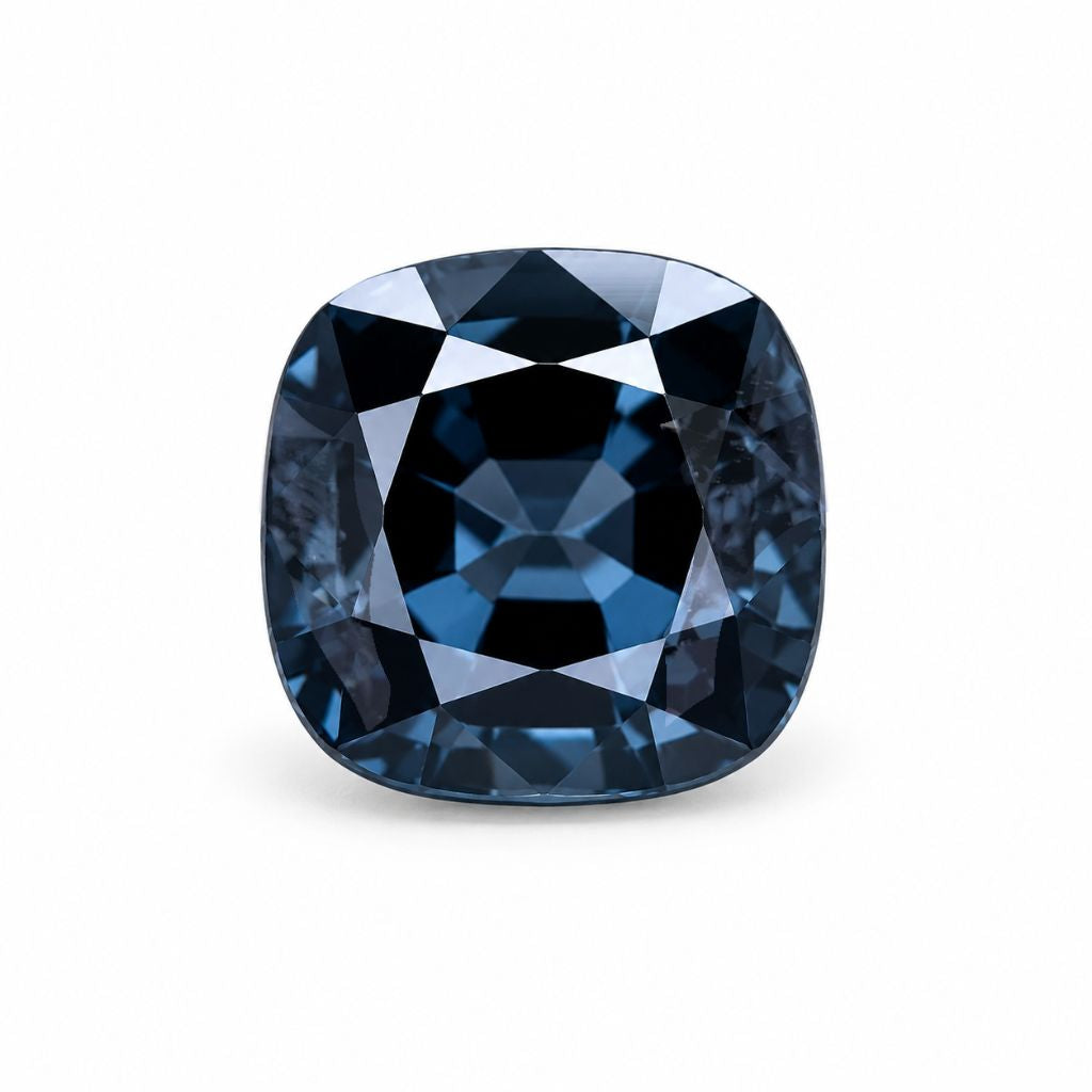 Unheated cushion-cut blue spinel gemstone with deep blue color, natural loose stone available in Chiang Mai, Thailand.