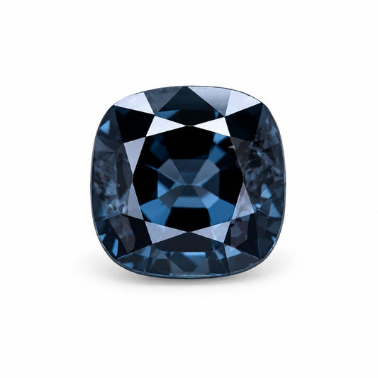 Unheated cushion-cut blue spinel gemstone with deep blue color, natural loose stone available in Chiang Mai, Thailand.