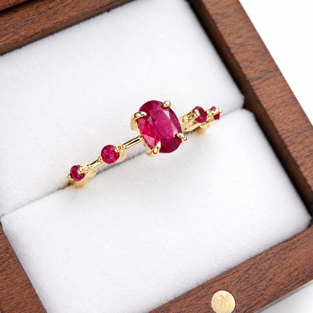 Luxury handcrafted ruby ring with oval center ruby and ruby side stones in 14K yellow gold from Thailand