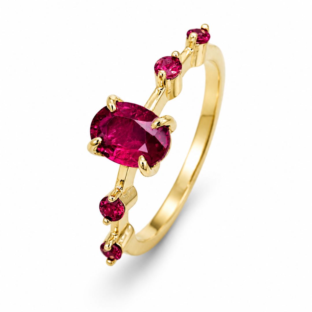 Handmade 14K yellow gold ruby ring with vivid natural oval ruby and delicate side ruby stones in Thailand