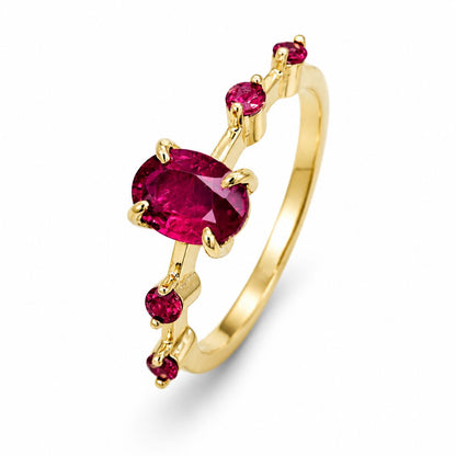 Handmade 14K yellow gold ruby ring with vivid natural oval ruby and delicate side ruby stones in Thailand