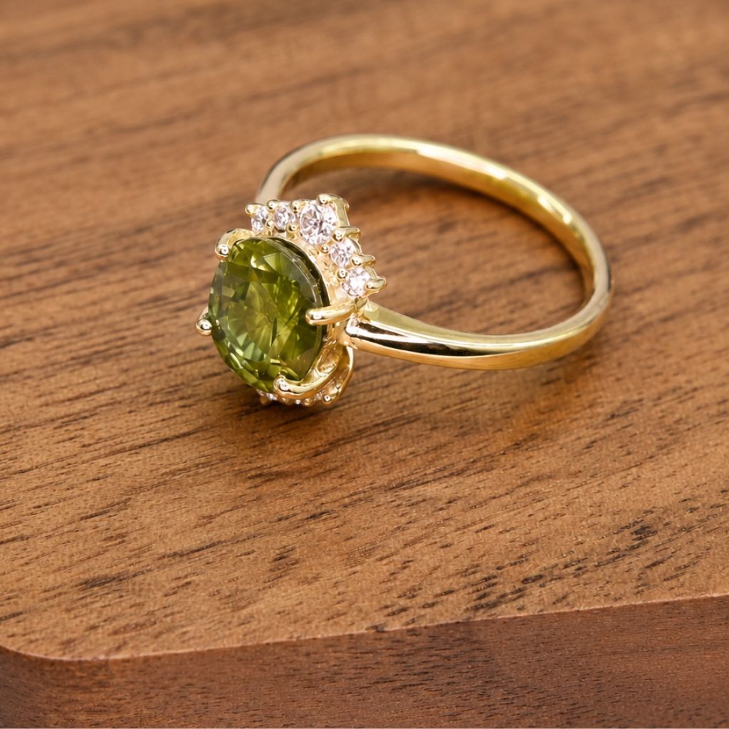 Mint green sapphire and natural diamond ring handmade in Chiang Mai