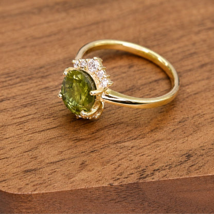Mint green sapphire and natural diamond ring handmade in Chiang Mai