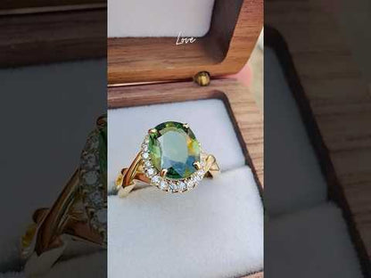 Green Sapphire Halo Diamond Ring in 14K Yellow Gold | Shiraz Jewelry Chiang Mai