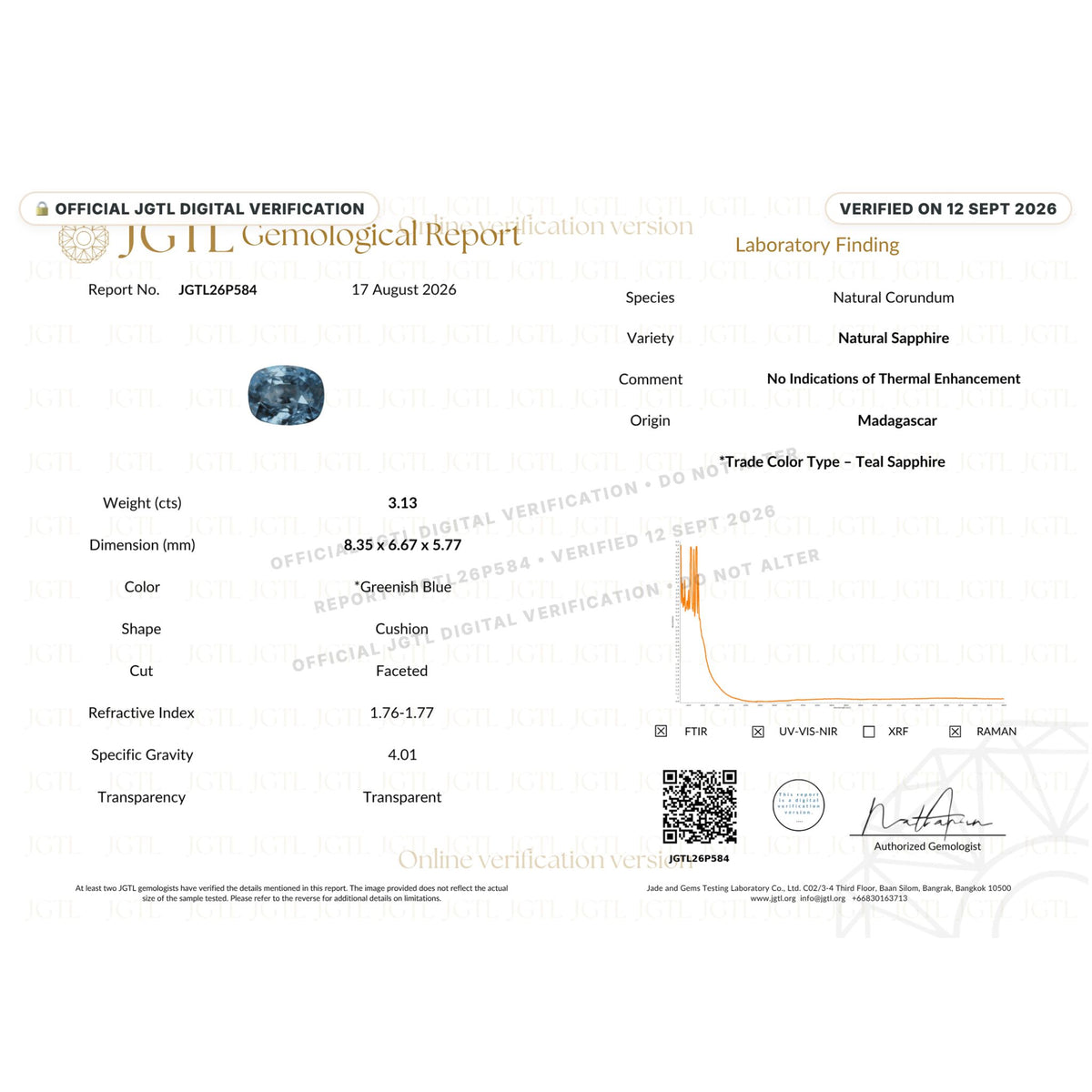 Certificate of the 2.13ct natural unheated teal sapphire showing cushion brilliant faceting and authentic character. Trade color: Teal Sapphire