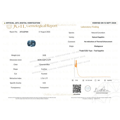 Certificate of the 2.13ct natural unheated teal sapphire showing cushion brilliant faceting and authentic character. Trade color: Teal Sapphire