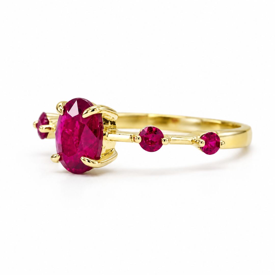 Elegant oval ruby engagement ring featuring natural rubies in solid 14K yellow gold from Chiang Mai jeweler