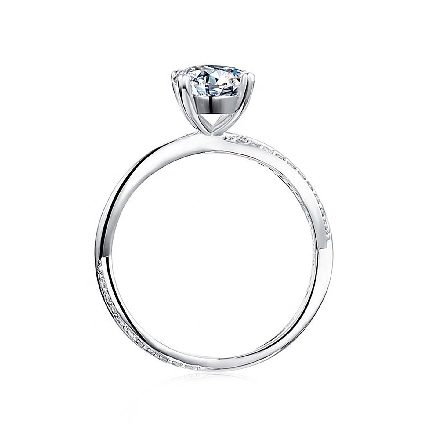 Side view of our 1.00 carat moissanite engagement ring in silver. Stunning view
