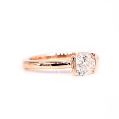 Unique engagement ring with cushion cut moissanite and romantic rosegold