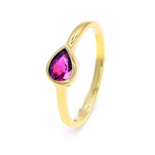 Elegant 14K yellow gold ring with pear-shaped ruby gemstone