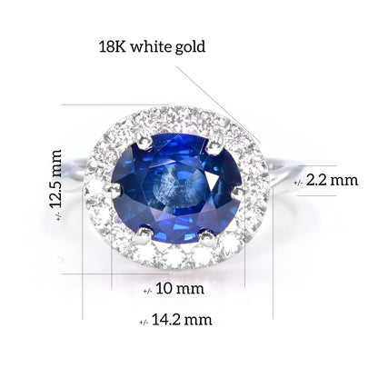 Classic blue sapphire engagement ring with diamond halo, perfect luxury gift for her