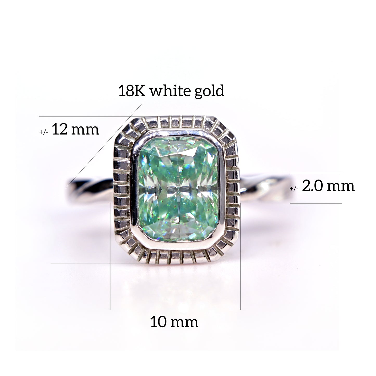 Shiraz Jewelry blue green moissanite ring with 18K white gold band and detailed measurements