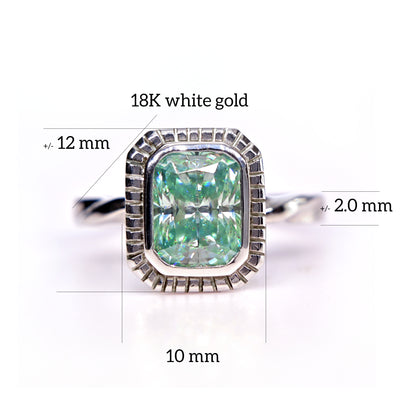 Shiraz Jewelry blue green moissanite ring with 18K white gold band and detailed measurements