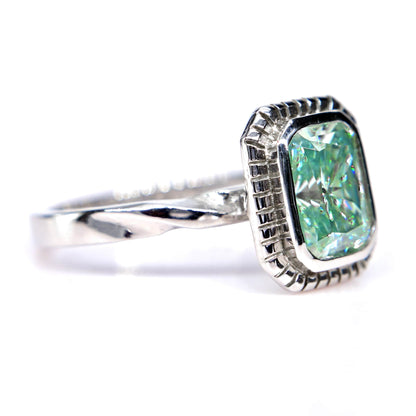 Shiraz Jewelry blue green moissanite ring with rectangular gemstone set in white gold band
