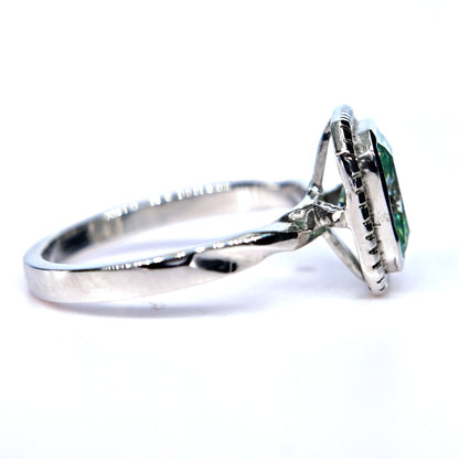 Shiraz Jewelry silver ring featuring a blue green moissanite ring gemstone set in a delicate band